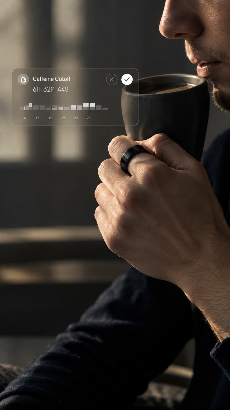 Coffee in hand, caffeine cutoff on the wrist