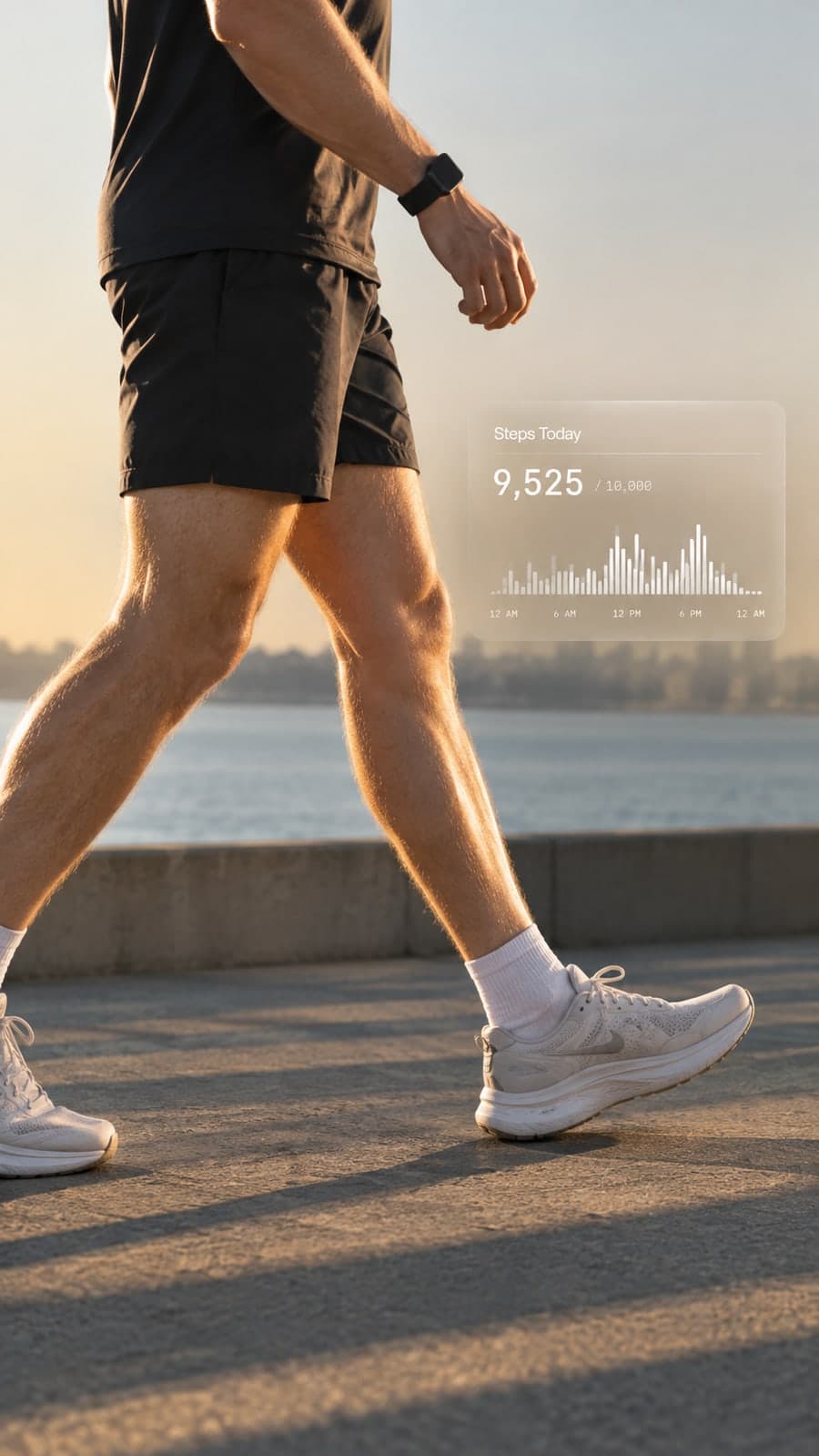 Morning walk by the water, steps tracked on a watch